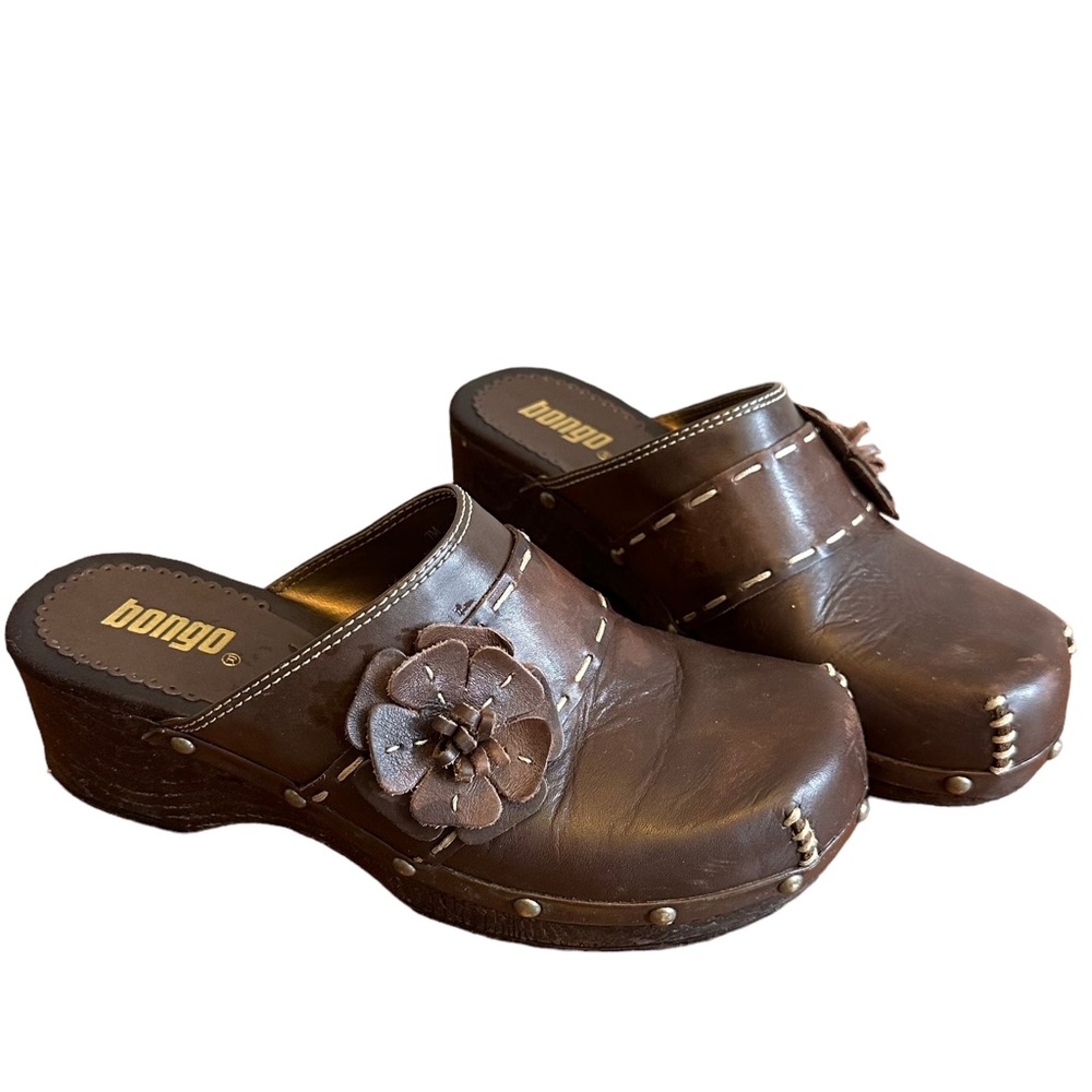 Bongo Allie Clogs Leather Dark Brown Studded Flower Size: 7M